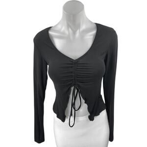 Edikted Women's Black Long Sleeve Ruched Tie Front V-Neck Crop Shirt Top Size S